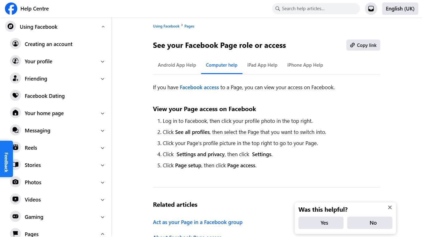 See your Facebook Page role or access Facebook Help Centre